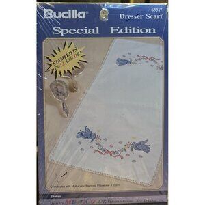 Bucilla Cross Stitch Dresser Scarf Embroidery #63317 Blue Doves Grannycore Table